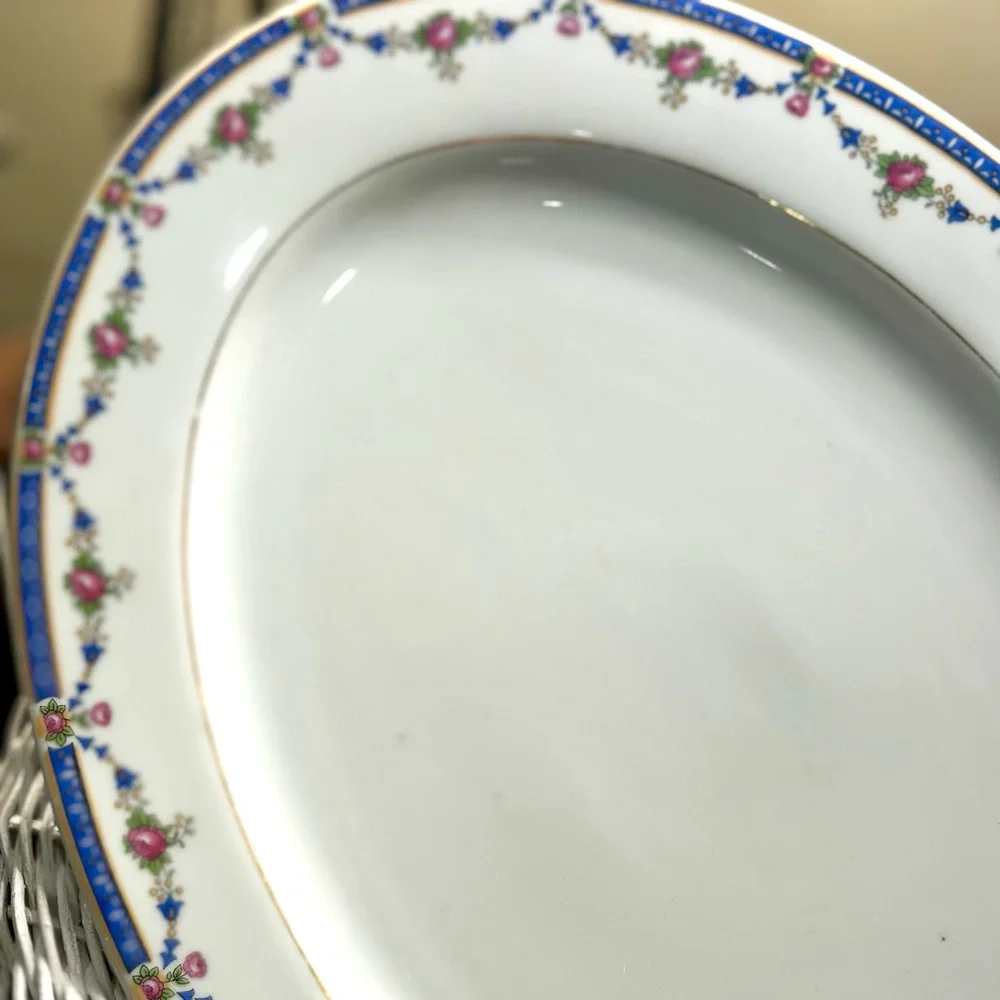 Bavarian Blue & Pink Cabbage Rose Garland Porcelain Platter